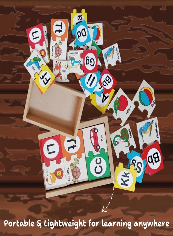 Toyjos Kids Alphabet Learning Puzzle Set | Non-Toxic Colorful 2pcs Jigsaw Puzzle with Wooden Box | Early Education Capital and Small Letter Matching Toy with Pictures for Preschooler Kids, Boys, Girls - Image 3